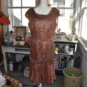 Vintage 1930s Dusty Rose Lace Dress Art Deco Drop Waist Tabit Zipper Med-Large